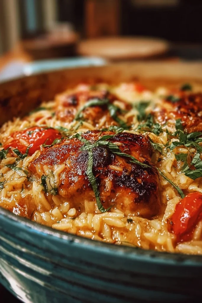 Tuscan Chicken Orzo Bake with herbs and cheese in a baking dish