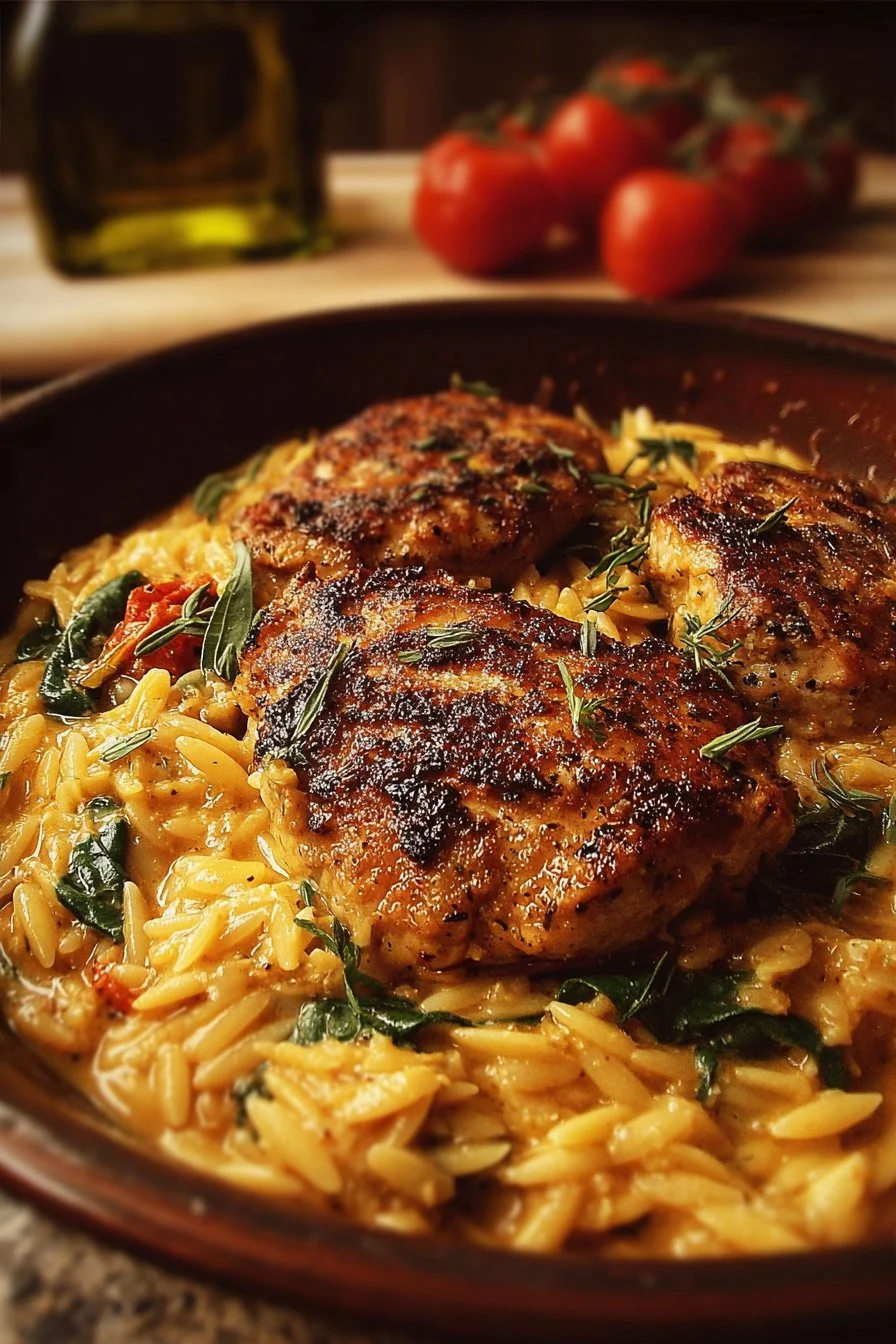 Delicious Tuscan-Style Chicken with creamy Parmesan Orzo on a plate