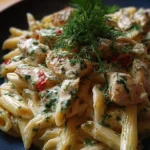 Delicious Tuscan-style creamy chicken pasta topped with herbs and cheese