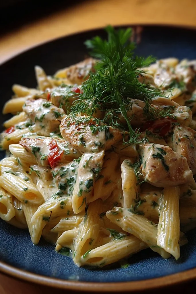 Delicious Tuscan-style creamy chicken pasta topped with herbs and cheese