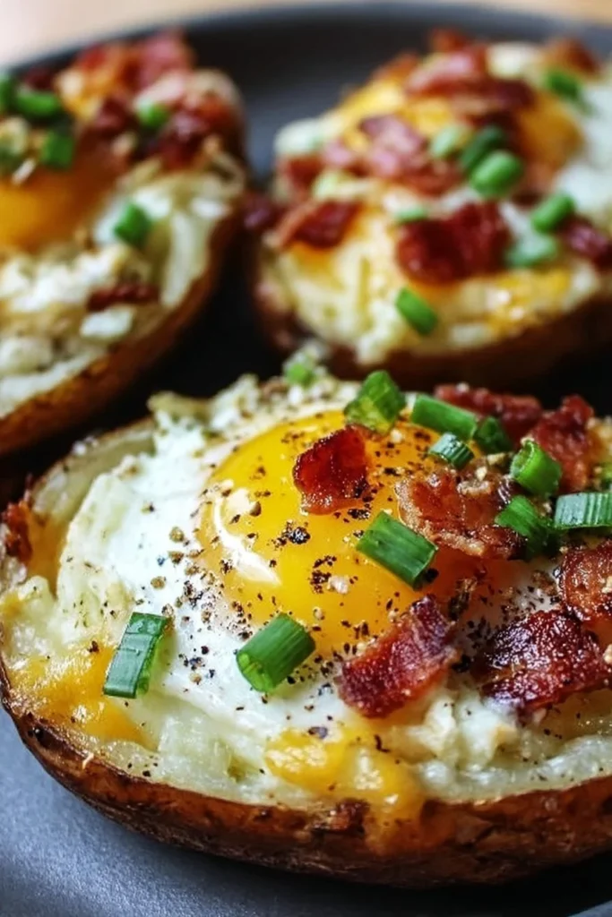 Twice baked loaded breakfast potatoes topped with cheese and herbs