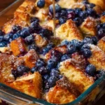 Delicious blueberry French toast casserole topped with fresh blueberries and syrup.