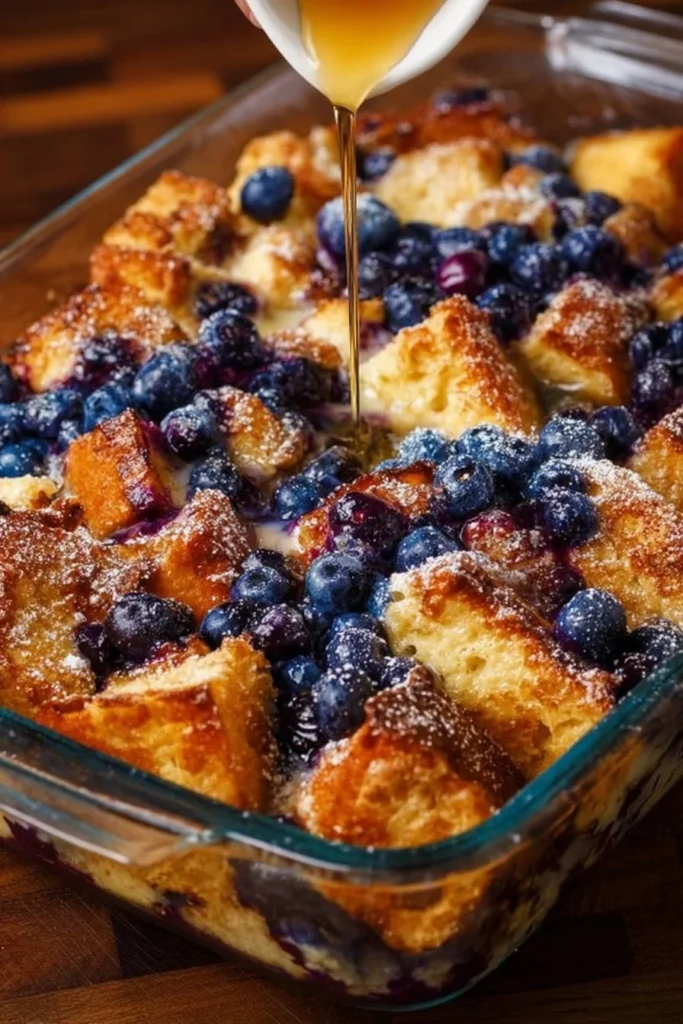 Delicious blueberry French toast casserole topped with fresh blueberries and syrup.