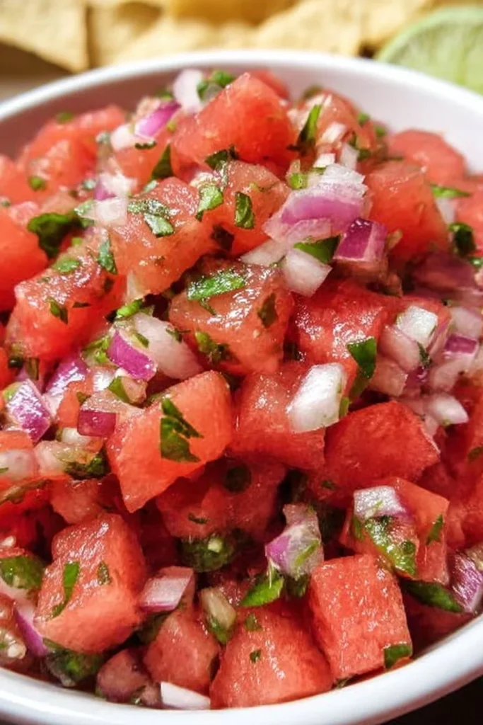 Bowl of vibrant watermelon salsa with fresh ingredients and colorful toppings.