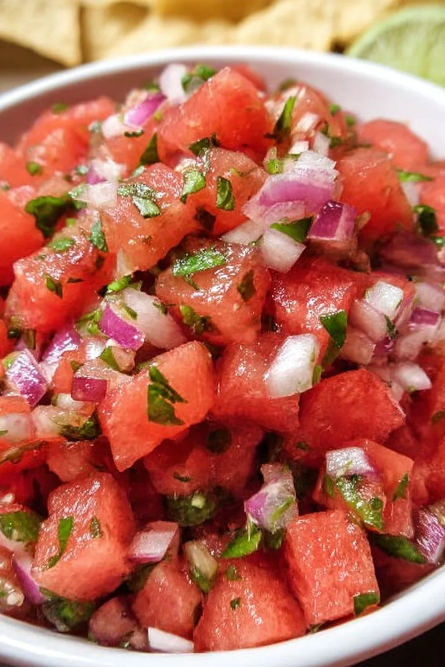 Bowl of vibrant watermelon salsa with fresh ingredients and colorful toppings.