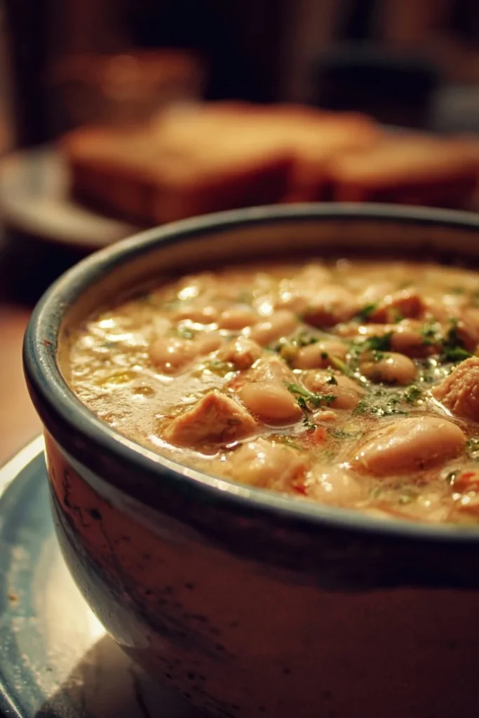 Bowl of creamy White Chicken Chili garnished with cilantro and lime.