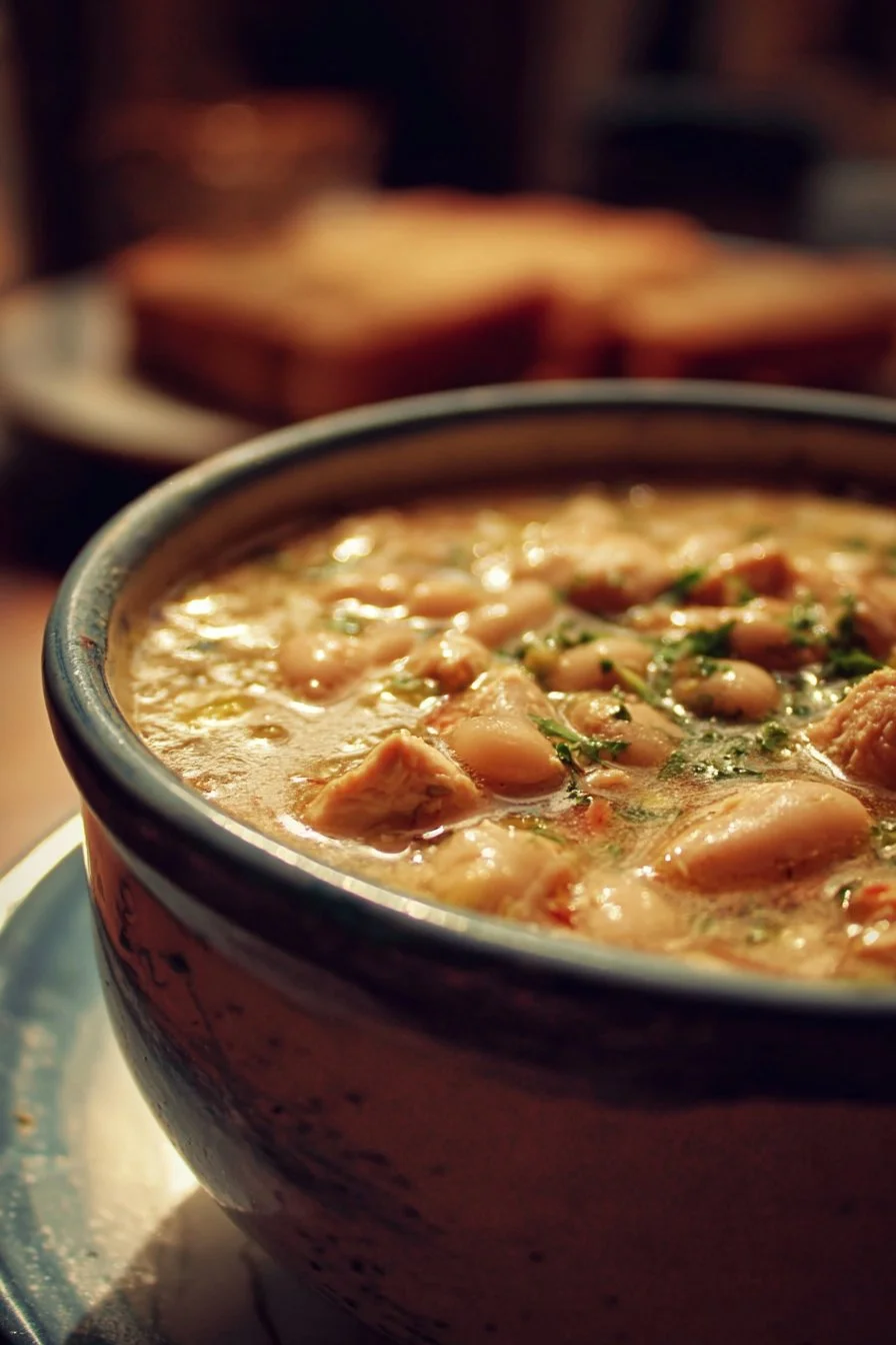 Bowl of creamy White Chicken Chili garnished with cilantro and lime.