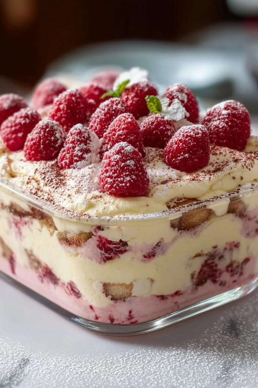 Delicious white chocolate raspberry tiramisu layered with creamy filling and fresh raspberries.