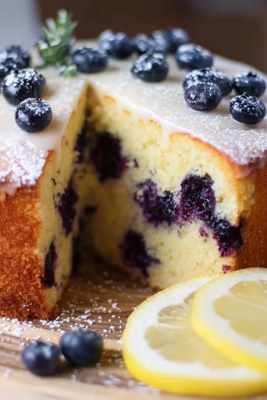Zesty lemon blueberry cake with fresh blueberries and lemon glaze